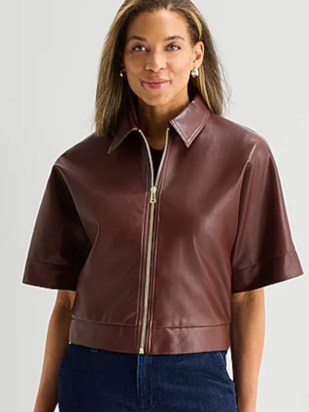 Liz Claiborne Short-Sleeve Zip-Front Faux Leather Jacket